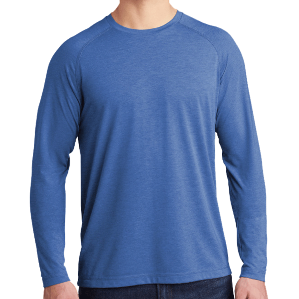 Sport Tek PosiCharge ® Long Sleeve Tri Blend Wicking Raglan Tee, True Royal Heather / True Royal Heather, Front view