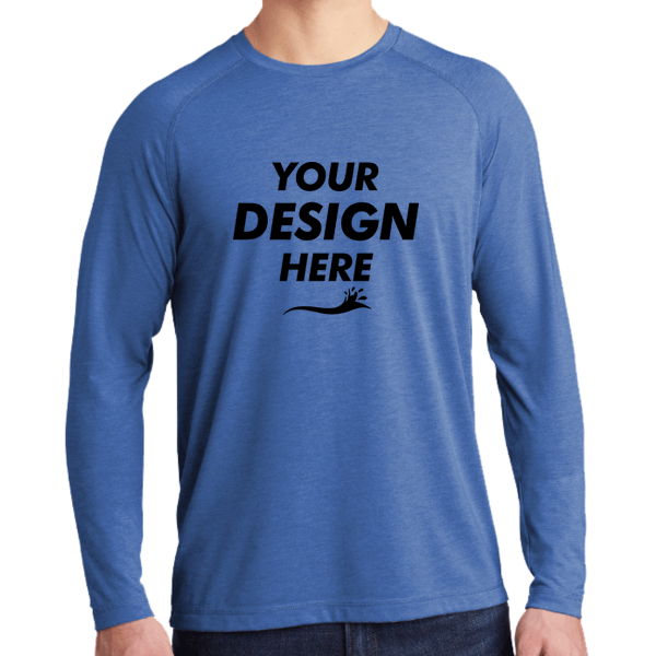 Sport Tek PosiCharge ® Long Sleeve Tri Blend Wicking Raglan Tee, True Royal Heather / True Royal Heather, Front view, Mockup