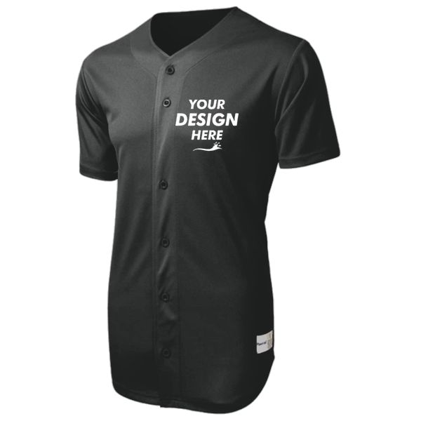 Sport Tek PosiCharge ® Tough Mesh Full Button Jersey, Black, Front view, Mockup