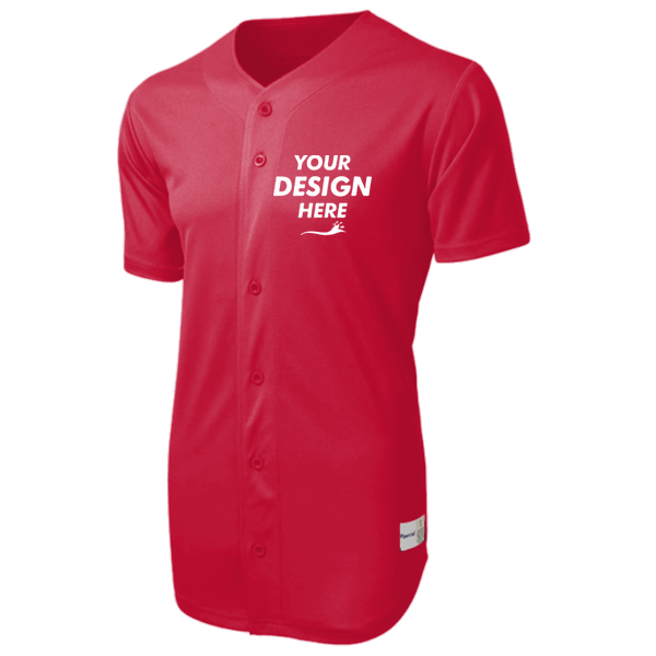 Sport Tek PosiCharge ® Tough Mesh Full Button Jersey, True Red, Front view, Mockup