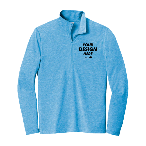 Sport Tek PosiCharge ® Tri Blend Wicking 1/4 Zip Pullover, Pond Blue Heather, Front view, Mockup