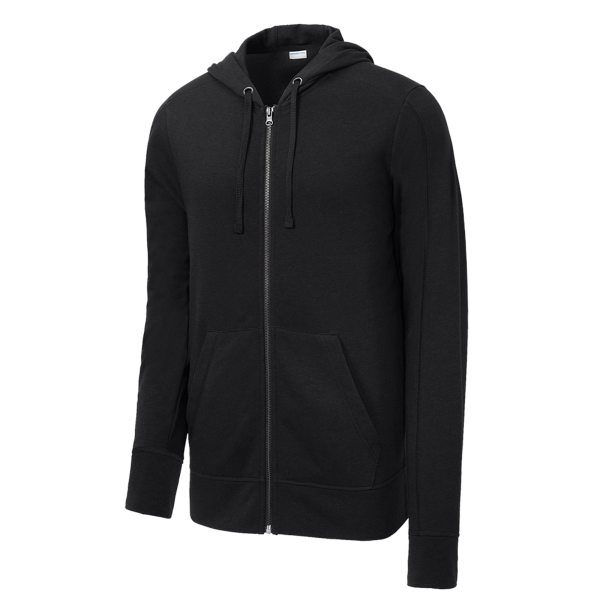 Sport Tek PosiCharge ® Tri Blend Wicking Fleece Full Zip Hooded Jacket, Black Triad Solid, Front view