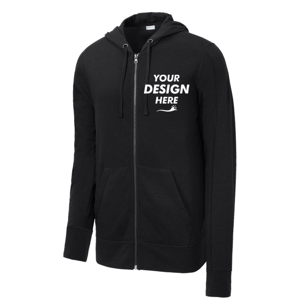 Sport Tek PosiCharge ® Tri Blend Wicking Fleece Full Zip Hooded Jacket, Black Triad Solid, Front view, Mockup