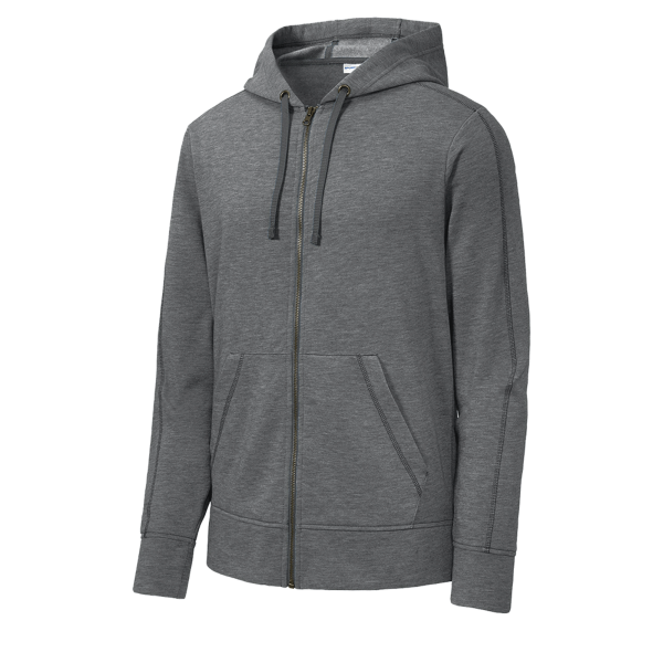 Sport Tek PosiCharge ® Tri Blend Wicking Fleece Full Zip Hooded Jacket, Dark Grey Heather, Front view
