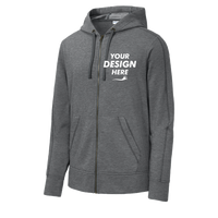 Sport Tek PosiCharge ® Tri Blend Wicking Fleece Full Zip Hooded Jacket, Dark Grey Heather, Front view, Mockup