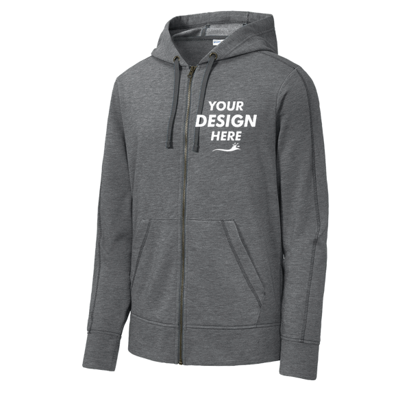 Sport Tek PosiCharge ® Tri Blend Wicking Fleece Full Zip Hooded Jacket, Dark Grey Heather, Front view, Mockup