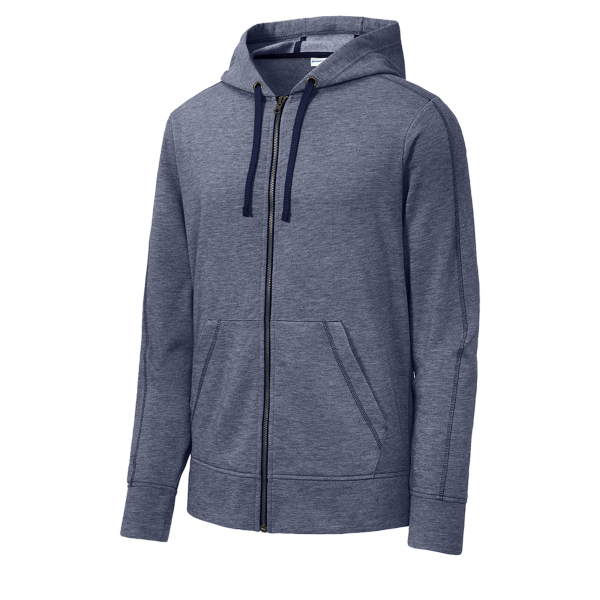 Sport Tek PosiCharge ® Tri Blend Wicking Fleece Full Zip Hooded Jacket, True Navy Heather, Front view