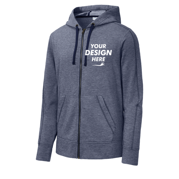 Sport Tek PosiCharge ® Tri Blend Wicking Fleece Full Zip Hooded Jacket, True Navy Heather, Front view, Mockup