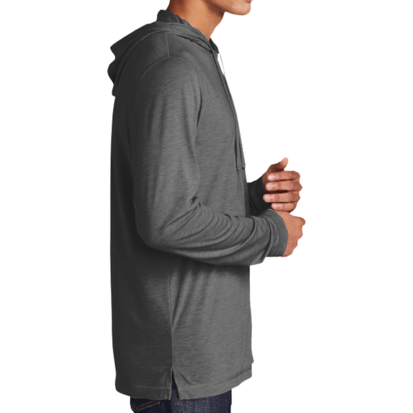 Sport Tek PosiCharge ® Tri Blend Wicking Long Sleeve Hoodie, Dark Grey Heather, Right Sleeve view
