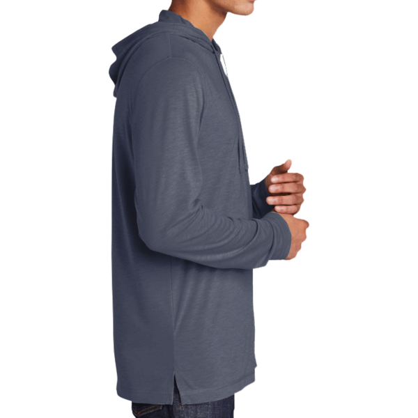 Sport Tek PosiCharge ® Tri Blend Wicking Long Sleeve Hoodie, True Navy Heather, Right Sleeve view