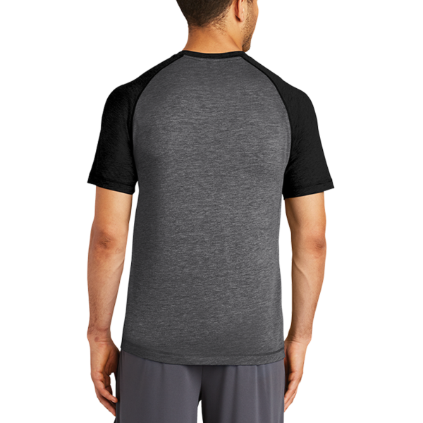 Sport Tek PosiCharge ® Tri Blend Wicking Raglan Tee, Black Triad Solid / Dark Grey Heather, Back view