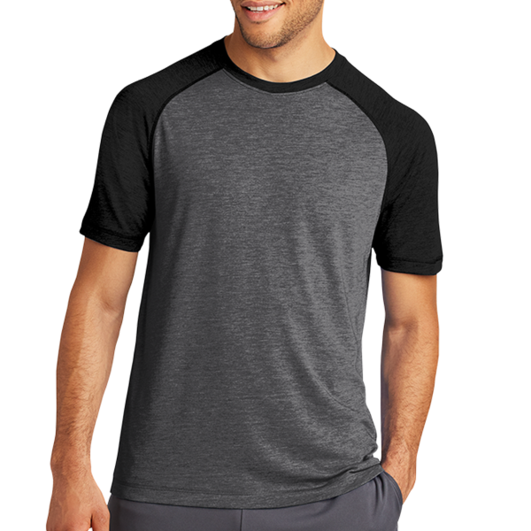 Sport Tek PosiCharge ® Tri Blend Wicking Raglan Tee, Black Triad Solid / Dark Grey Heather, Front view