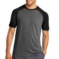Sport Tek PosiCharge ® Tri Blend Wicking Raglan Tee, Black Triad Solid / Dark Grey Heather, Front view