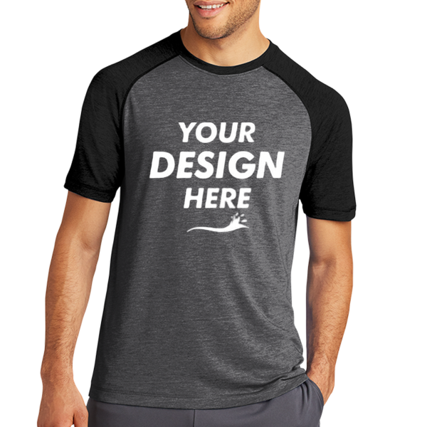 Sport Tek PosiCharge ® Tri Blend Wicking Raglan Tee, Black Triad Solid / Dark Grey Heather, Front view, Mockup
