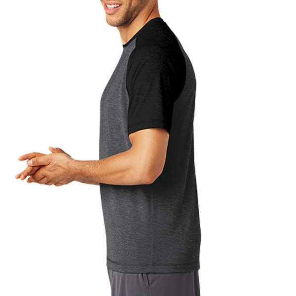 Sport Tek PosiCharge ® Tri Blend Wicking Raglan Tee, Black Triad Solid / Dark Grey Heather, Left Sleeve view