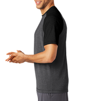 Sport Tek PosiCharge ® Tri Blend Wicking Raglan Tee, Black Triad Solid / Dark Grey Heather, Left Sleeve view