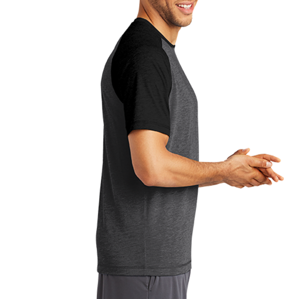Sport Tek PosiCharge ® Tri Blend Wicking Raglan Tee, Black Triad Solid / Dark Grey Heather, Right Sleeve view