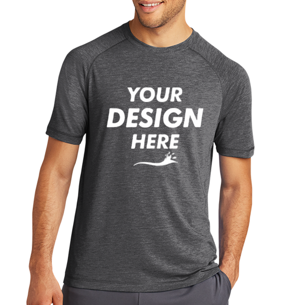 Sport Tek PosiCharge ® Tri Blend Wicking Raglan Tee, Dark Grey Heather / Dark Grey Heather, Front view, Mockup