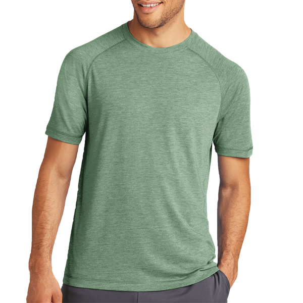 Sport Tek PosiCharge ® Tri Blend Wicking Raglan Tee, Forest Green Heather / Forest Green Heather, Front view