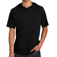 Sport Tek PosiCharge ® Tri Blend Wicking Short Sleeve Hoodie, Black Triad Solid, Front view
