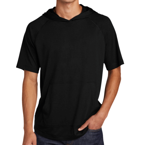 Sport Tek PosiCharge ® Tri Blend Wicking Short Sleeve Hoodie, Black Triad Solid, Front view