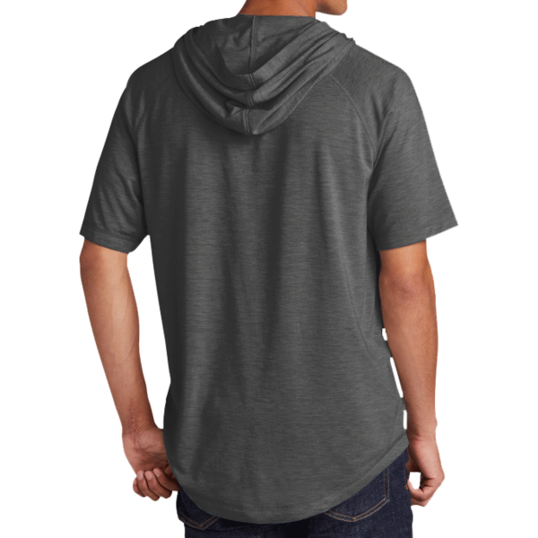 Sport Tek PosiCharge ® Tri Blend Wicking Short Sleeve Hoodie, Dark Grey Heather, Back view