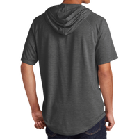 Sport Tek PosiCharge ® Tri Blend Wicking Short Sleeve Hoodie, Dark Grey Heather, Back view
