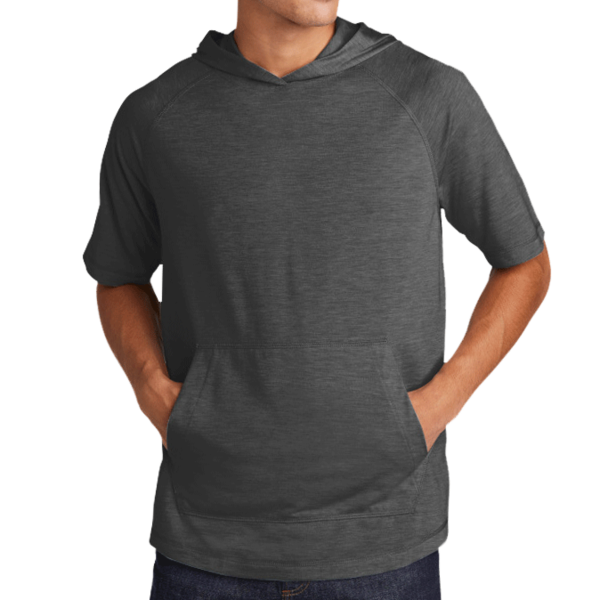 Sport Tek PosiCharge ® Tri Blend Wicking Short Sleeve Hoodie, Dark Grey Heather, Front view