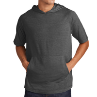 Sport Tek PosiCharge ® Tri Blend Wicking Short Sleeve Hoodie, Dark Grey Heather, Front view