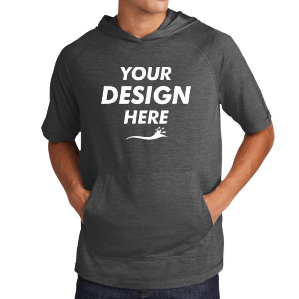 Sport Tek PosiCharge ® Tri Blend Wicking Short Sleeve Hoodie, Dark Grey Heather, Front view, Mockup