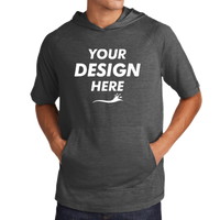Sport Tek PosiCharge ® Tri Blend Wicking Short Sleeve Hoodie, Dark Grey Heather, Front view, Mockup