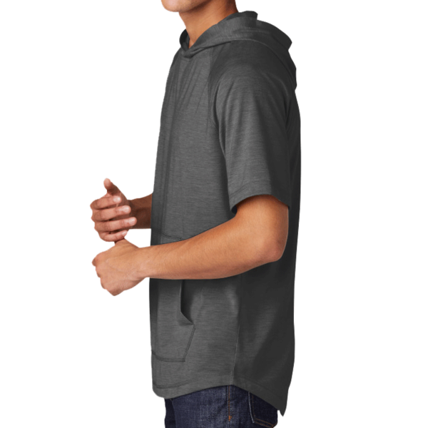 Sport Tek PosiCharge ® Tri Blend Wicking Short Sleeve Hoodie, Dark Grey Heather, Left Sleeve view