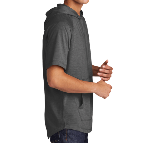 Sport Tek PosiCharge ® Tri Blend Wicking Short Sleeve Hoodie, Dark Grey Heather, Right Sleeve view