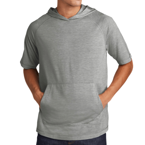 Sport Tek PosiCharge ® Tri Blend Wicking Short Sleeve Hoodie, Light Grey Heather, Front view