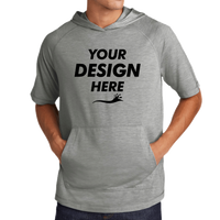 Sport Tek PosiCharge ® Tri Blend Wicking Short Sleeve Hoodie, Light Grey Heather, Front view, Mockup