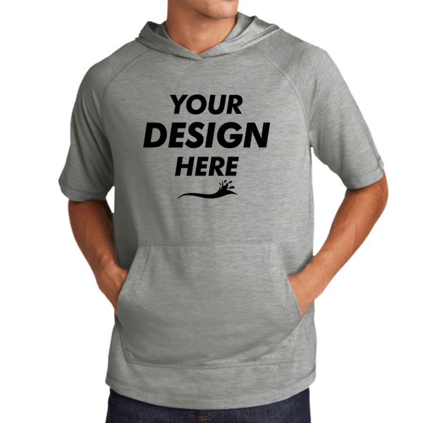 Sport Tek PosiCharge ® Tri Blend Wicking Short Sleeve Hoodie, Light Grey Heather, Front view, Mockup