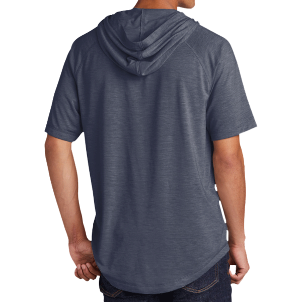 Sport Tek PosiCharge ® Tri Blend Wicking Short Sleeve Hoodie, True Navy Heather, Back view