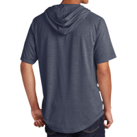Sport Tek PosiCharge ® Tri Blend Wicking Short Sleeve Hoodie, True Navy Heather, Back view