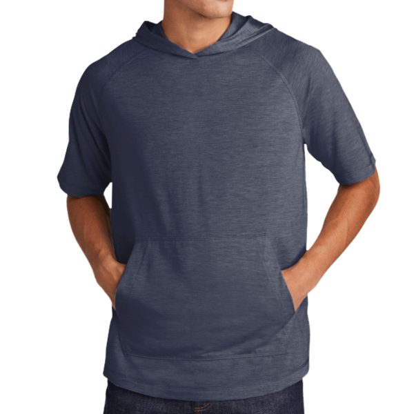 Sport Tek PosiCharge ® Tri Blend Wicking Short Sleeve Hoodie, True Navy Heather, Front view