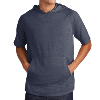 Sport Tek PosiCharge ® Tri Blend Wicking Short Sleeve Hoodie, True Navy Heather, Front view