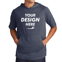 Sport Tek PosiCharge ® Tri Blend Wicking Short Sleeve Hoodie, True Navy Heather, Front view, Mockup