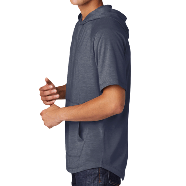 Sport Tek PosiCharge ® Tri Blend Wicking Short Sleeve Hoodie, True Navy Heather, Left Sleeve view