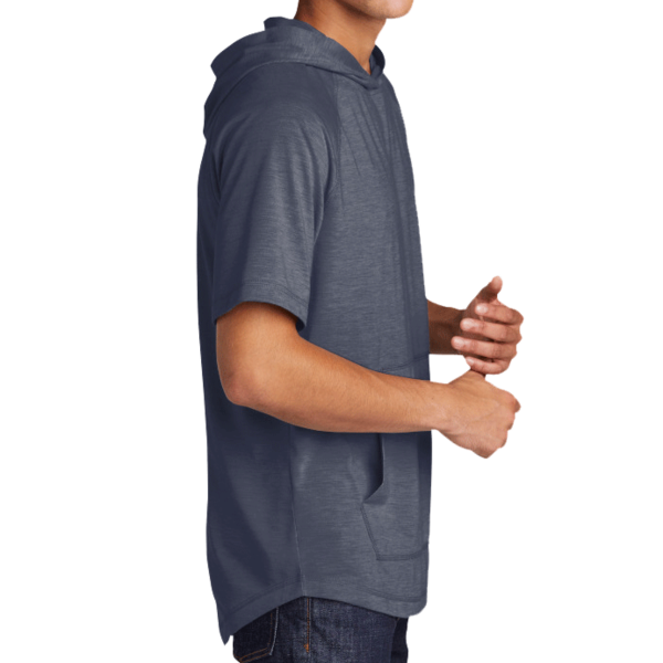 Sport Tek PosiCharge ® Tri Blend Wicking Short Sleeve Hoodie, True Navy Heather, Right Sleeve view