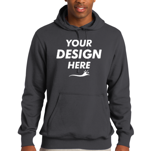 Sport Tek Tall Pullover Hooded Sweatshirt, Graphite Heather, Front view, Mockup
