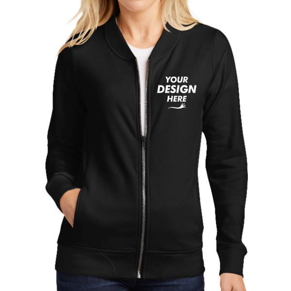 Sport Tek Women's Lightweight French Terry Bomber, Black, Front view, Mockup