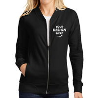 Sport Tek Women's Lightweight French Terry Bomber, Black, Front view, Mockup