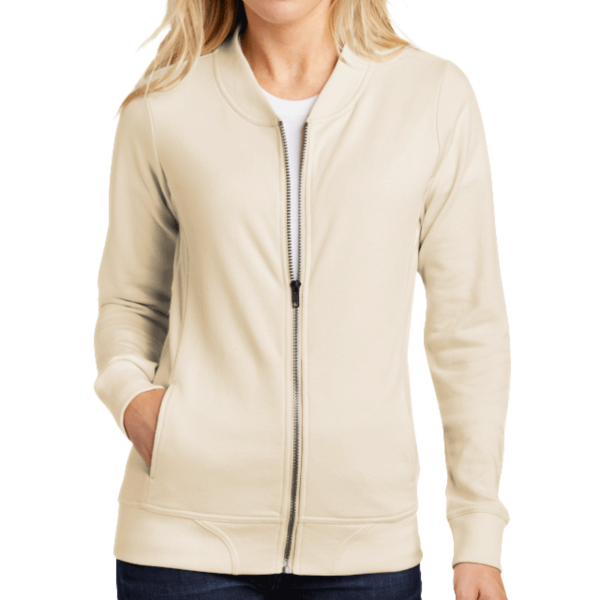 Sport Tek Women's Lightweight French Terry Bomber, Ecru, Front view