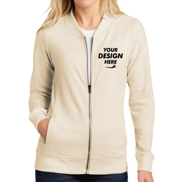 Sport Tek Women's Lightweight French Terry Bomber, Ecru, Front view, Mockup