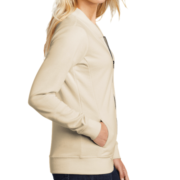 Sport Tek Women's Lightweight French Terry Bomber, Ecru, Right Sleeve view