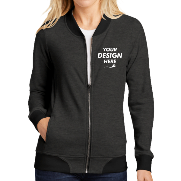Sport Tek Women's Lightweight French Terry Bomber, Heather Black, Front view, Mockup